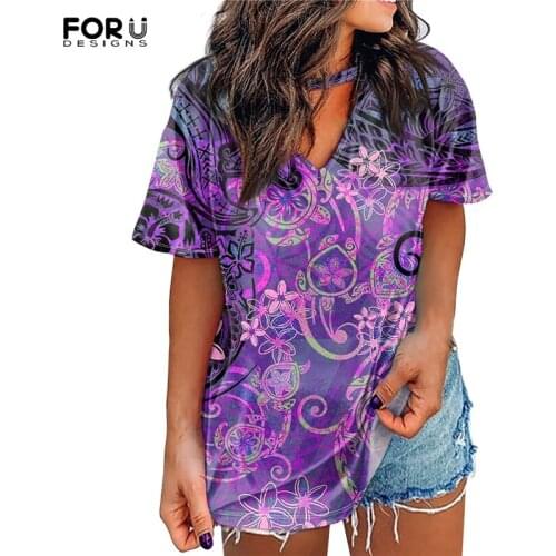 FORUDESIGNS Women V-Neck Leisure Tees Hawaiian Exotic Ocean Turtle Print ​Short Sleeve Tops Loose Lady Daily Wear Ropa Feminina