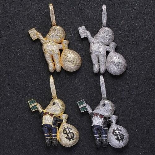 Hip Hop Micro Pave AAA Cubic Zirconia Iced Out Bling Give Money Dollar Bag Litter Angel Pendants Necklace for Men Jewelry