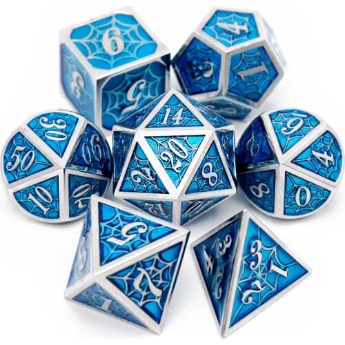 Haxtec Metal Dice Set D&D Spider Net Polyhedral DND Dice for Pathfinder RPG Games-Silver Blue