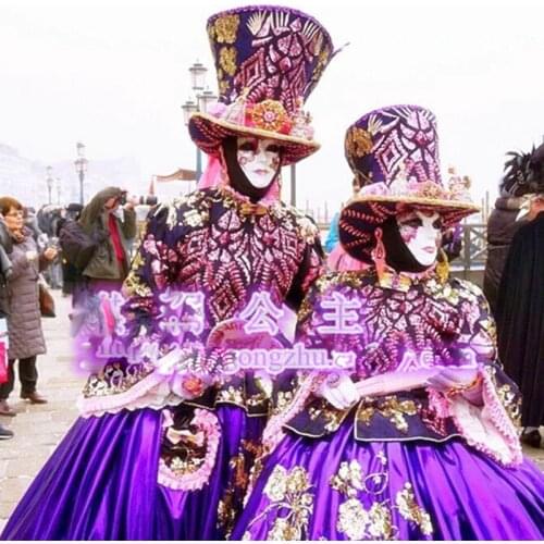 National carnival print dress hat mask Purple Venetian merchants traditional costume Nightclub bar business halloween cosplay