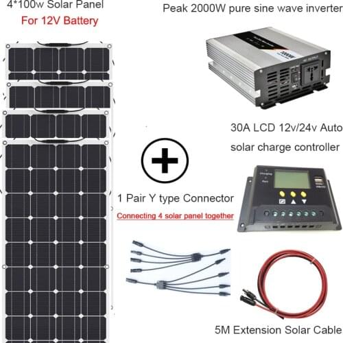 Newly 400w solar system Home DIY kit 100w Flexible solar pane110v 220v 1000w inverter 12v/24v/30A LCD controller solar cable