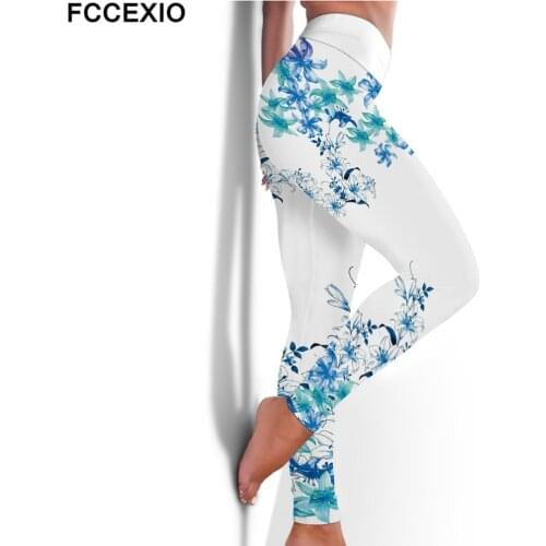 FCCEXIO New High Waist Fitness Elastic Leggings Ink Painting Flowers 3D Print Sexy Plus Size Leggins Casual Workout Sport Pants