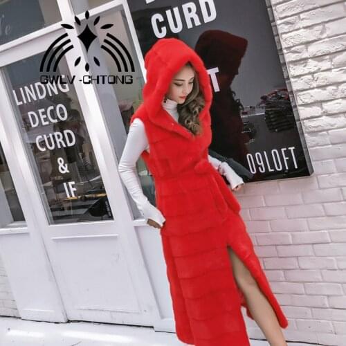 NEW genuine real natural rabbit fur vest with hood winter jacket womens fashion X-long 120CM gilet with belt custom any size