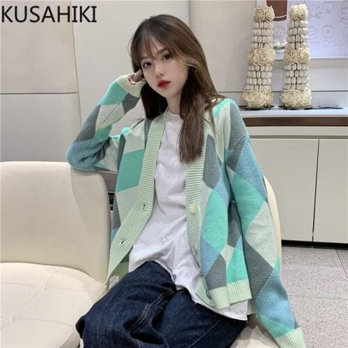KUSAHIKI Vintage Contrast Color Argyle Sweater Coat 2021 Autumn Winter Knitwear Causal Long Sleeve V-neck Knit Cardigans 6K897