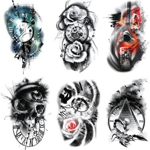 Rose Time Family Watch Skull Temporary Tattoo Sticker Scorpion Tower Tattoos Waterproof Body Art Arm TattooS Fake Men Tattoo
