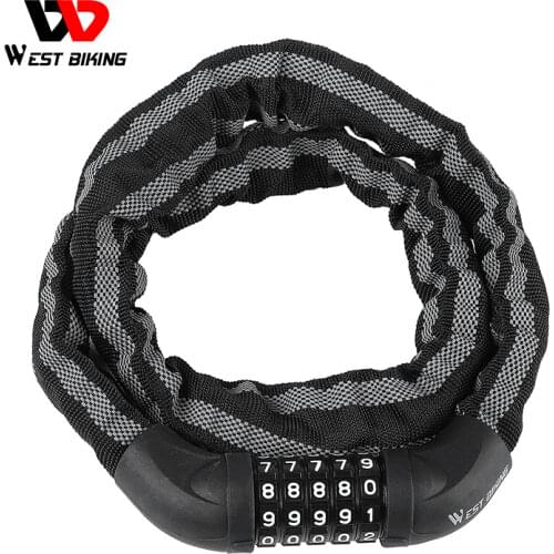 WEST BIKING Bicycle Chain Lock 5 Digit Password Safety Reflective Lock Anti-theft Alloy Motorcycle MTB Road Bike Universal Lock