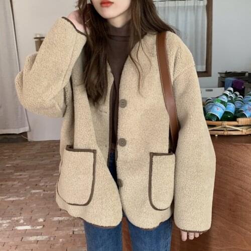 Chic Jacket Female Korean Version Loose Round Neck Button Cardigan Pocket Long-sleeved Coats Fall 2020 Women Winter Jackets New