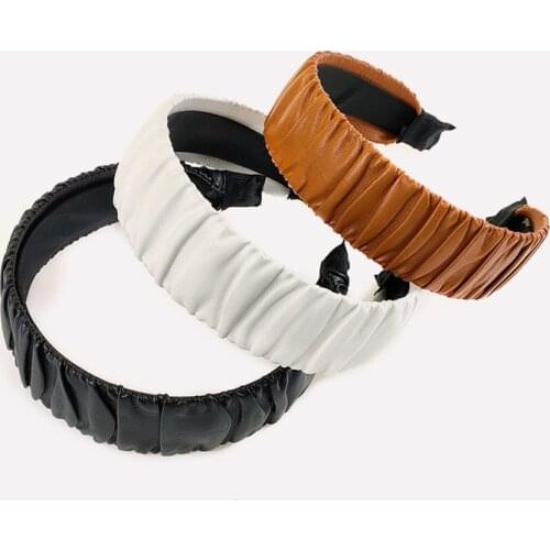 Women Design Pleat PU Leather Headbands Fashion Wide Hairbands Girls Solid Hair Clip Hair Hoop Stylish Head Band Accessories