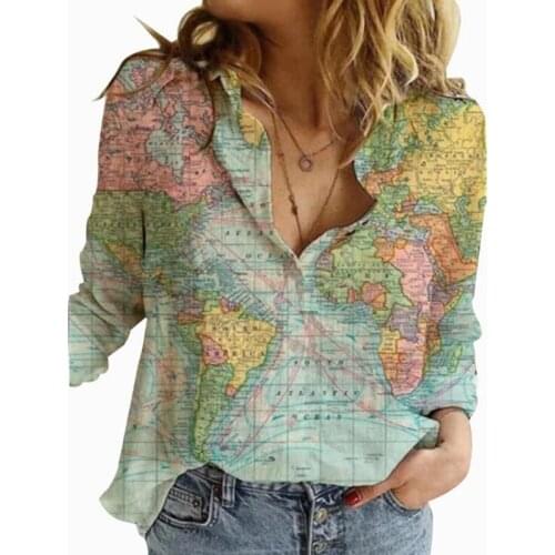 Vintage Retro Map Floral Print Shirts For Women Lady Autumn New Turn-down Collar Casual Office Blouses
