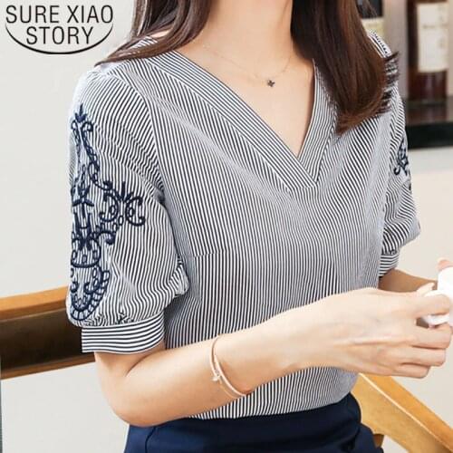 Blusas Women Tops and Blouse 2021 V Neck Chiffon Blouse Short Sleeve Shirt Striped Lady Top Embroidery Chic Women Clothing 0513
