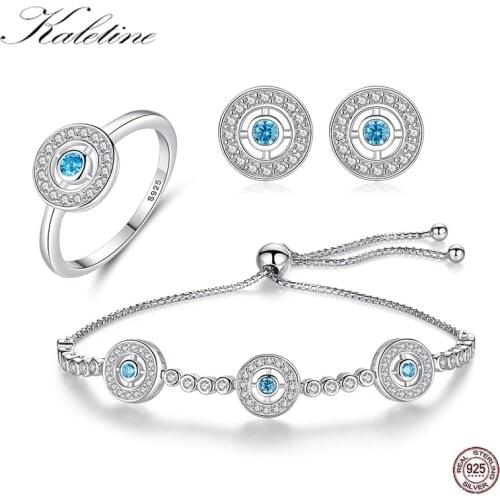 KALETINE Evil Eye Hamsa Bracelet Earrings Ring Sets 925 Sterling Silver Jewelry Sets For Women Round Blue Zircon Tennis Bracelet