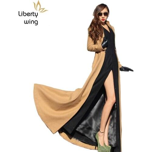 Winter Women Woolen Maxi Long Overcoat Streetwear Splice Zipper Office Ladies Outerwear Runway Wool Blends Coat Windbreaker