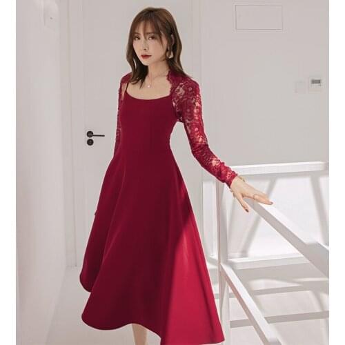 YIGELILA New Arrivals Women Deep Wine Dress Square Collar Lace Elegant Dress A-line Solid Mid-calf Wedding Party Dress 65328
