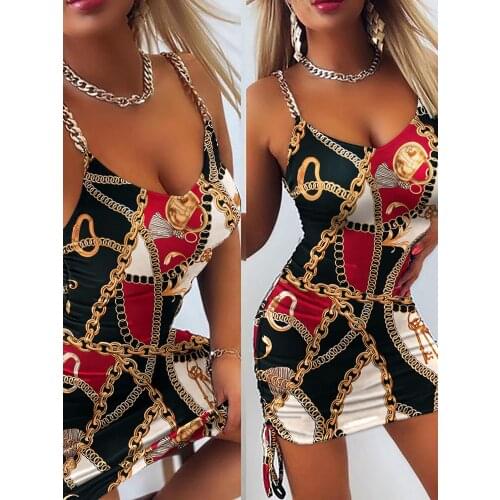 Summer Women Vintage Print Ruched Mini Bodycon Dress 2021 Femme Sexy Chain Drawstring Robe Lady Prom Clothing y2k Vestidos