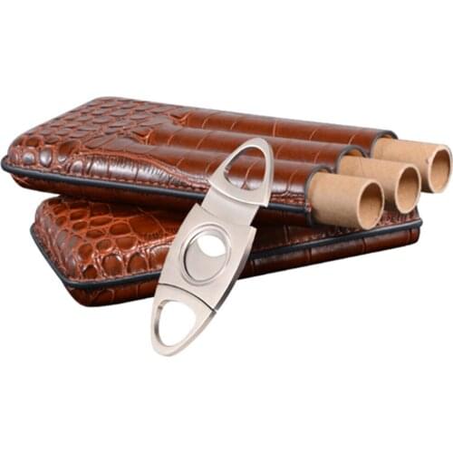 1Pcs Leather Cigar Case 3 Tube Travel Humidor With Cutter Smoking Smoke Cigar Box Tobacco Pipe Herb Smoking Cigarette Accessorie