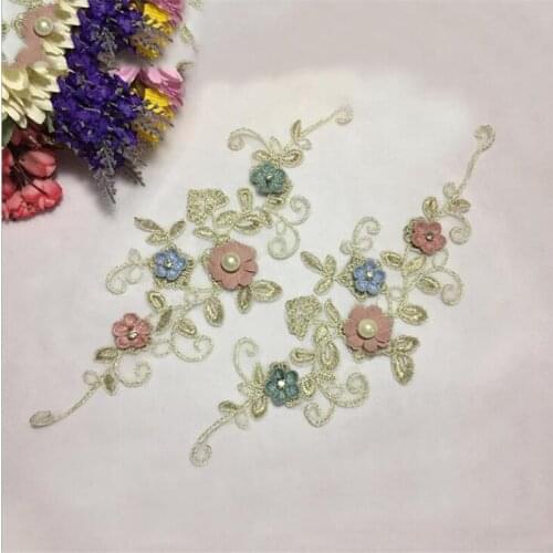 3Pairs 12X32cm Colorful Pearl Wedding Dress Floral Embroidery Sewing Beaded Patches Lace Applique Flower Trims DIY Craft BD0352