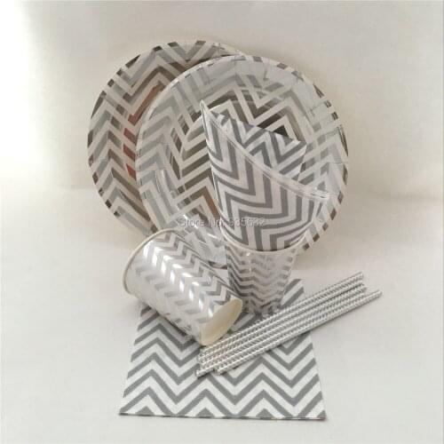 61pcs Metallic Foil Gold Silver Chevron Disposable Paper Tableware Set Paper Plate Cup Straw Napkins for Party Wedding