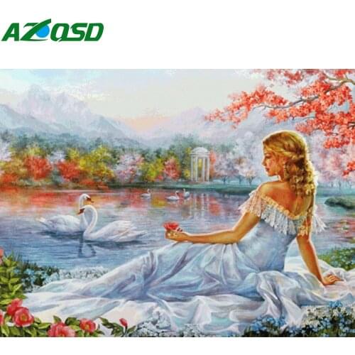 AZQSD Full Square Diamond Painting Beauty Swan Lake Cross Stitch Rhinestones Diamond Embroidery Portrait Mosaic Home Decor Gift