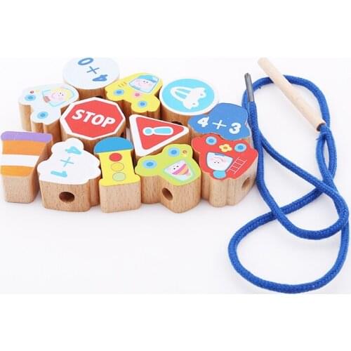 Beech Wood Blocks Cartoon Animals Fruit Block Wooden Toys Stringing Threading Beads Game Education Toy For Baby Kids Children