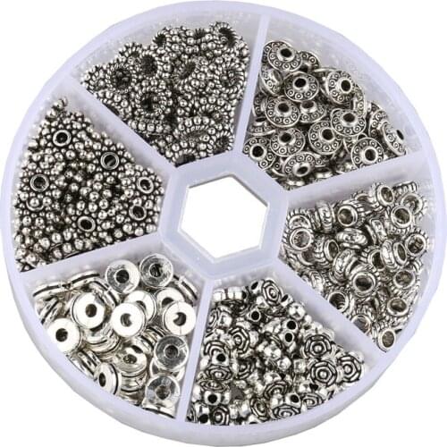 Julie Wang 300PCS/Box Mixed Zinc Alloy Beads 6-9mm Antique Silver Color Spacer Beads For Bracelet Jewelry Making Accessory
