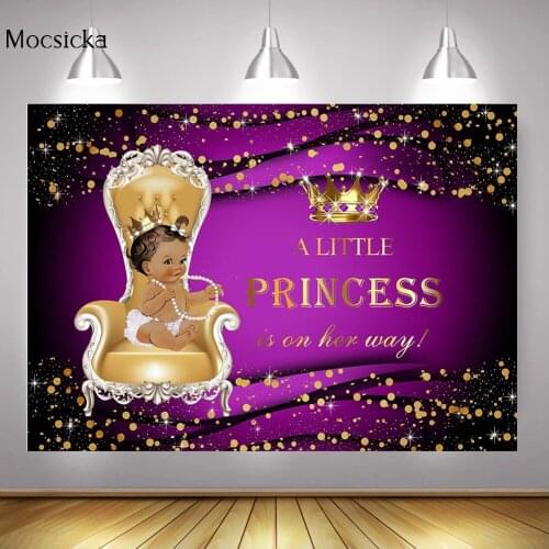 Royal Little Princess Baby Shower Backdrop Gold Crown Glitter Purple Newborn Girl Birthday Background Dots Chair Photo Shoot