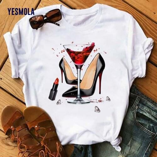 YESMOLA Woman T-shirts Wine High Heel Shoes White Ladies Shirt Tops Print Tshirt Female 2021 Summer Short Sleeve Tee Shirt