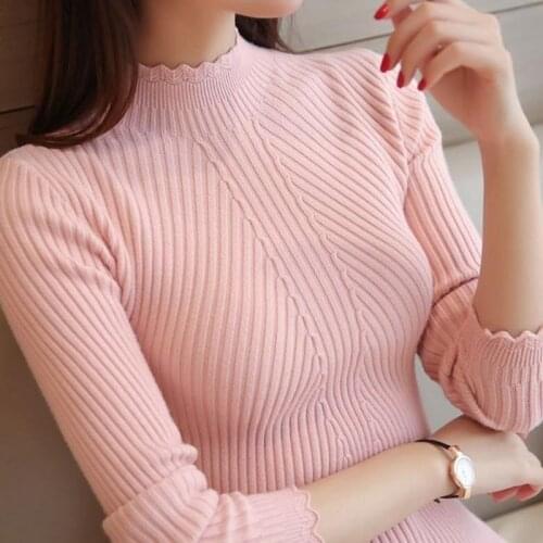 Core-spun yarn Ladies pullover sweater Women Ruffled turtleneck sweater Female Tops Slim knit sweater Jumper Femme high quality