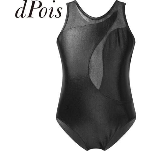 Girls Gymnastics Leotard Patent Leather Sleeveless Asymmetrical Swirl Tulle Splice Ballet Dance Leotards Jumpsuit Kids Dancewear