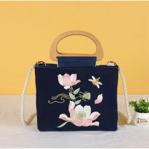 Linen Organza Embroidered Flower handbag simple Chinese style cheongsam Hanfu bag fairy wood handle bag