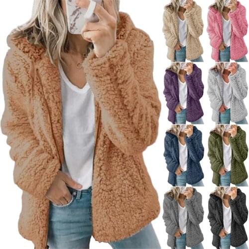 Fur Coat Woman Jacket Teddy Winter Female Coats Warm Hooded Outwear Solid Color Long Sleeve Fashion Jackets for Women