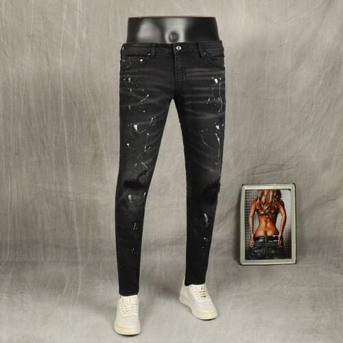 Fashion Streetwear Men Jeans Black Elastic Slim Fit Painted Designer Ripped Denim Punk Pants High Quality Hip Hop Trousers