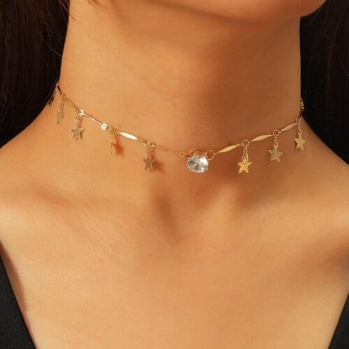 Fashion Gold Color Metal Star Pentagram Chokers Necklaces For Women OL Style Trendy Transparent Rhinestone Crystal Necklace Gift