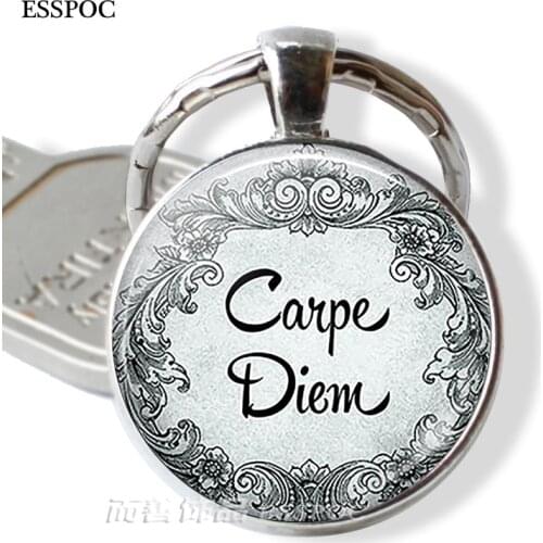 Fashion "Carpe Diem" Seize The Day Inspirational Quote Glass Dome Silver Color Key Chain Ring Keyfob Keychain Birthday Gift