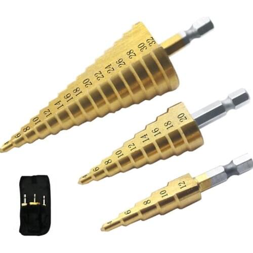 3pc Hss step drill bit set cone hole cutter Taper metric 4 - 12 / 20 / 32mm 1 / 4 "titanium coated metal hex core drill bits