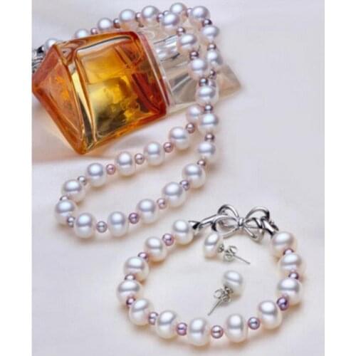Sets AAA 6-7mm White3mm purple freshwater Genuine Pearl necklace bracelet earring set