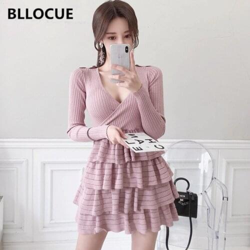 BLLOCUE New 2020 Spring Korean Bright Silk knitting Women Office Dress Sexy V-Neck Long Sleeve Cascading Cake Dress