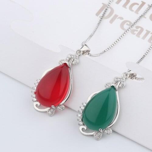 Natural Green Jade Drop Pendant Necklace 925 Silver Jadeite Chalcedony Amulet Fashion Charm Jewelry Gifts for Women Her