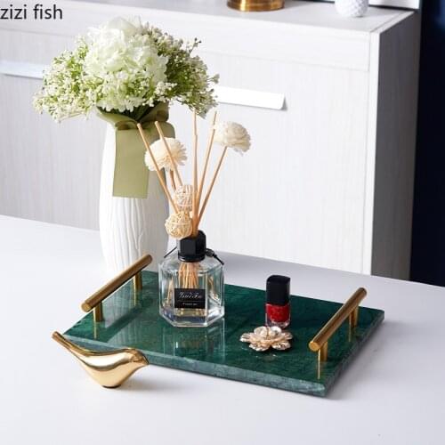 Natural Marble Trays Decorative Creative L-shaped Handle Serving Tray Skin Care Product Bathroom Shelf Bath Tools Storage Plates