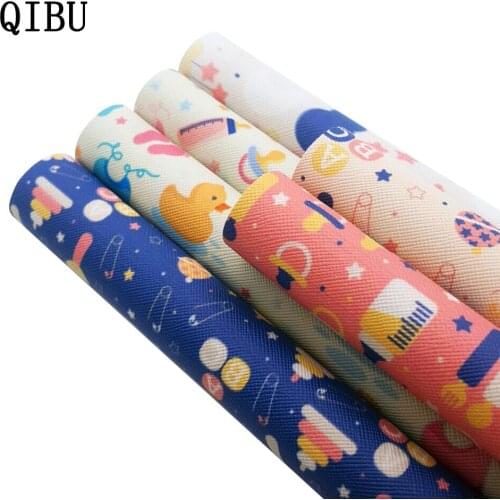 QIBU Baby Printed Vinyl Fabric Faux Leather Sheet DIY PU Leather Bow Fabric Handmade Cartoon Hairbow Materials Synthetic Leather