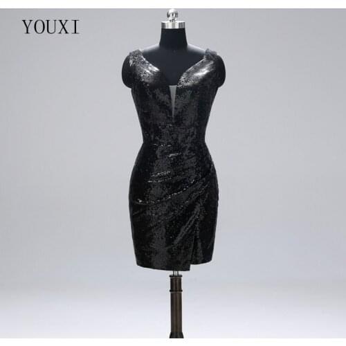 Sexy Deep V-Neck Short Prom Dresses 2019 Mini Black Sequined Formal Party Dress Evening Gowns