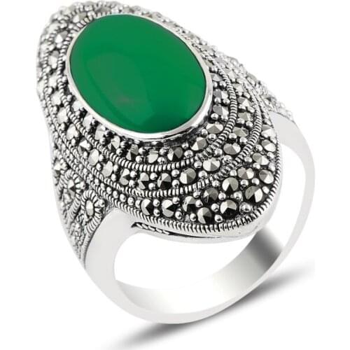 Silver 925 Sterling Green Agate & Marcasite Ring