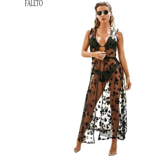 Faleto Brand New Womens Lace Long Kimono Cardigan Maxi Bikini Swimsuit Cover Up Floral Sexy Beach Cover Up Dress Bathing Suit