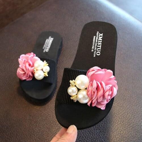 Lovely Baby Slippers Sweet Flowers Parent Child Shoes Girls Slippers Female Beach Shoes Pearl Open Toe Outdoor Slippers 24-42