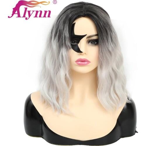Alynn Water Wave Synthetic Hair Middle Part Ombre Black To Gray Hair Wigs Shoulder Length Heat Resistant Cosplay Wigs For Women