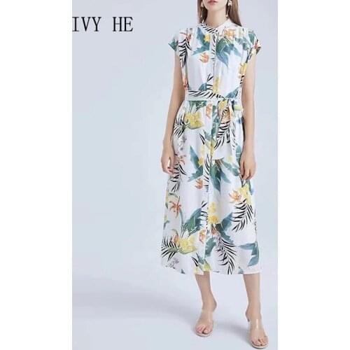 IVY HE Summer Womens Dress 2021 Streetwear New Pattern French Stand Collar Printing Loose Short Sleeve Shirt Dresses