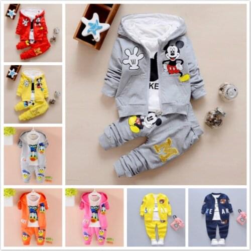 3pcs/set Boy Girl Clothes Baby Cartoon Mickey Mouse Donald Hooded Coat+T-shirt+Pants Kids Sport Suit Children Clothing Tracksuit