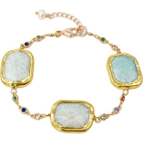 JK 8'' Yellow Gold Plated Amazonite White Pearl Crystal Chain Bracelet