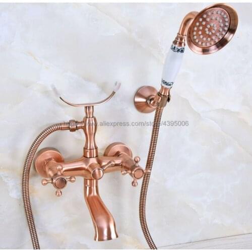 Antique Red Copper Dual Handles Bathtub Faucet Wall Mounted Swive Spout with Handshower Tub Mixer Tap Bna359