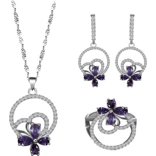 Ayowei big sale purple cubic zircon silver color jewelry ring earring necklace set women anniversary/wedding/party JS839