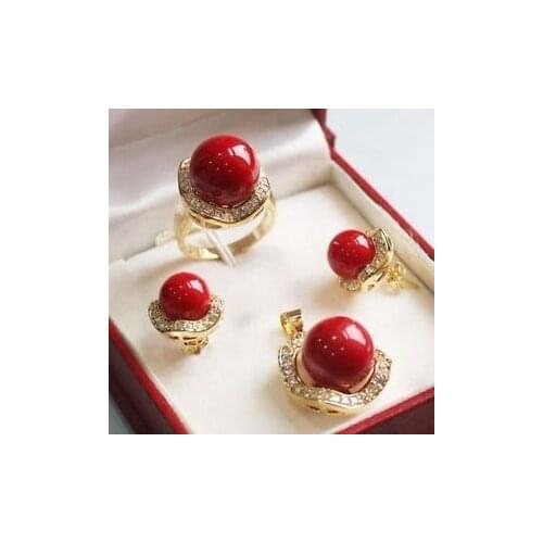 Free shipping@@@@@Set 10mm &14mm red South sea Shell Pearl Earrings Necklace Ring